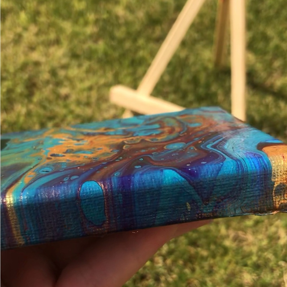 4”x4” Blue & Gold Abstract Painting Small Canvas - Picture 7 of 9